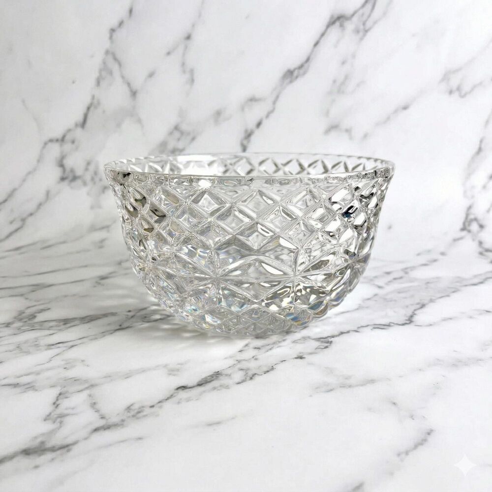 Vintage Heavy Lead Crystal Quilted Diamond Point Pattern Starburst Base Bowl